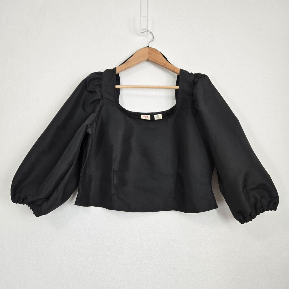 Levi's Kaila Puff Sleeve Crop Top Size 1X Black Satin Look Smocked Back NWT